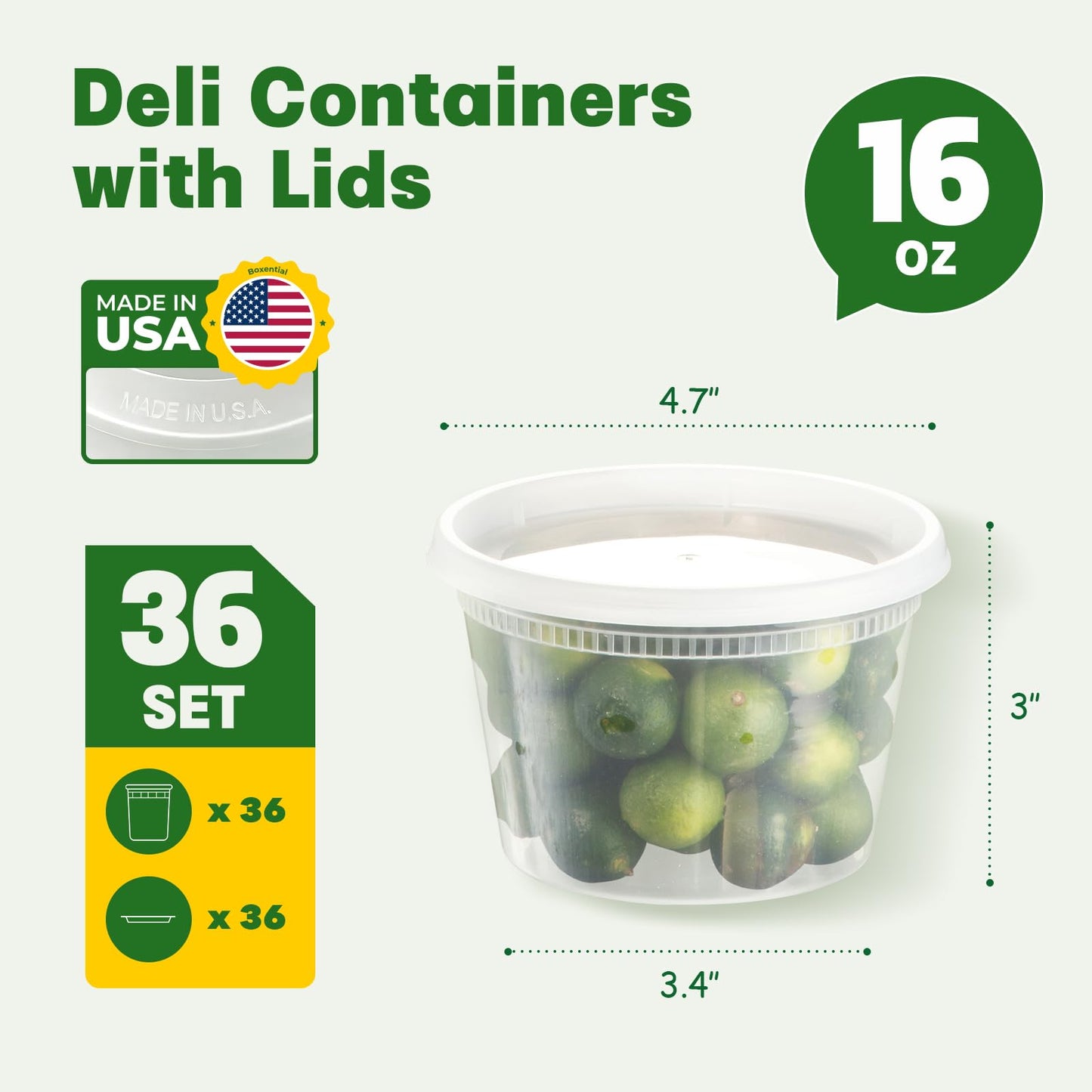 Boxential 16 oz Deli Containers with Lids [36 Set] – BPA-Free Plastic Food Containers, Freezer & Microwave Safe, Stackable Meal Prep & Soup Storage Containers, Ideal for Takeout & Kitchen Use