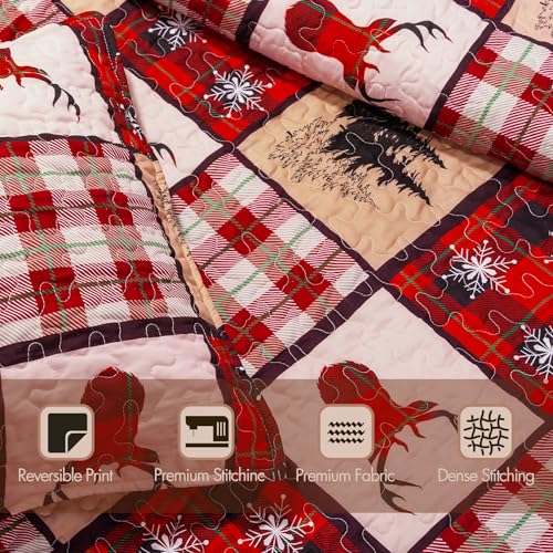 Elk King Christmas Quilt Set by ROMROL - Red Plaid with Reindeer, 96x106" Bed Quilt + 2 Pillowcases