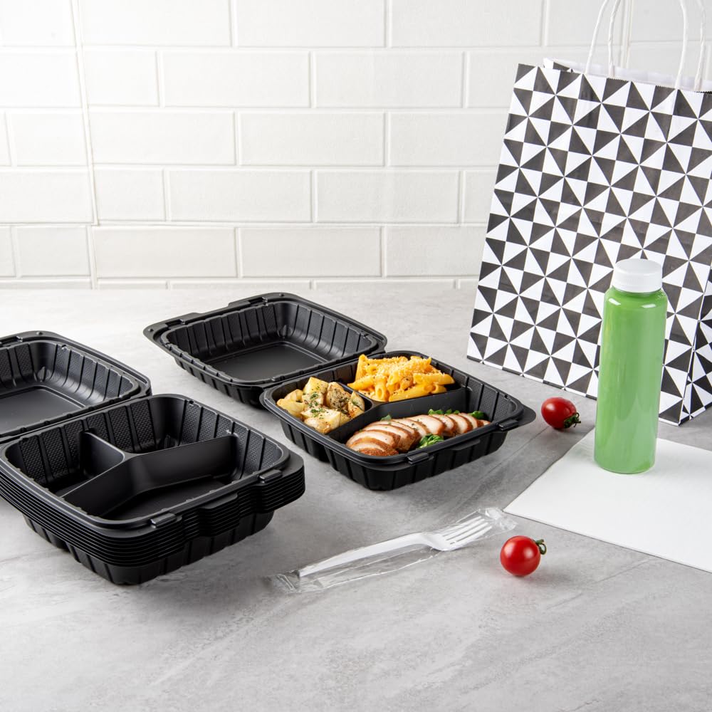 Restaurantware Thermo Tek 8 x 8 x 3 Inch Mineral-Filled Take Out Containers 100 Durable To Go Containers - Heavy-Duty Disposable Black Plastic Clamshell Containers Suitable For Hot & Cold Foods