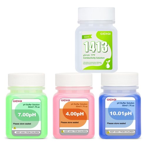 GIDIGI Calibration Buffer Solution kit 4/7/10 and 1413µS/cm, TDS/EC Standard Solution for Calibrating pH Meter TDS Tester EC Salinity Multifunction Meter, Suitable for Hydroponics, Aquaponics, Lab