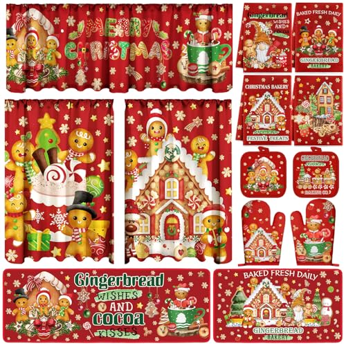 Gingerbread Man Kitchen Decor Set with Towels, Rugs & Valance - Holiday Christmas