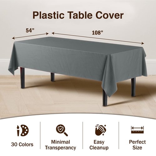 Exquisite Party Solids 6-Pack Premium Plastic Tablecloth 54in. x 108in. Rectangle Plastic Table Cover - Silver