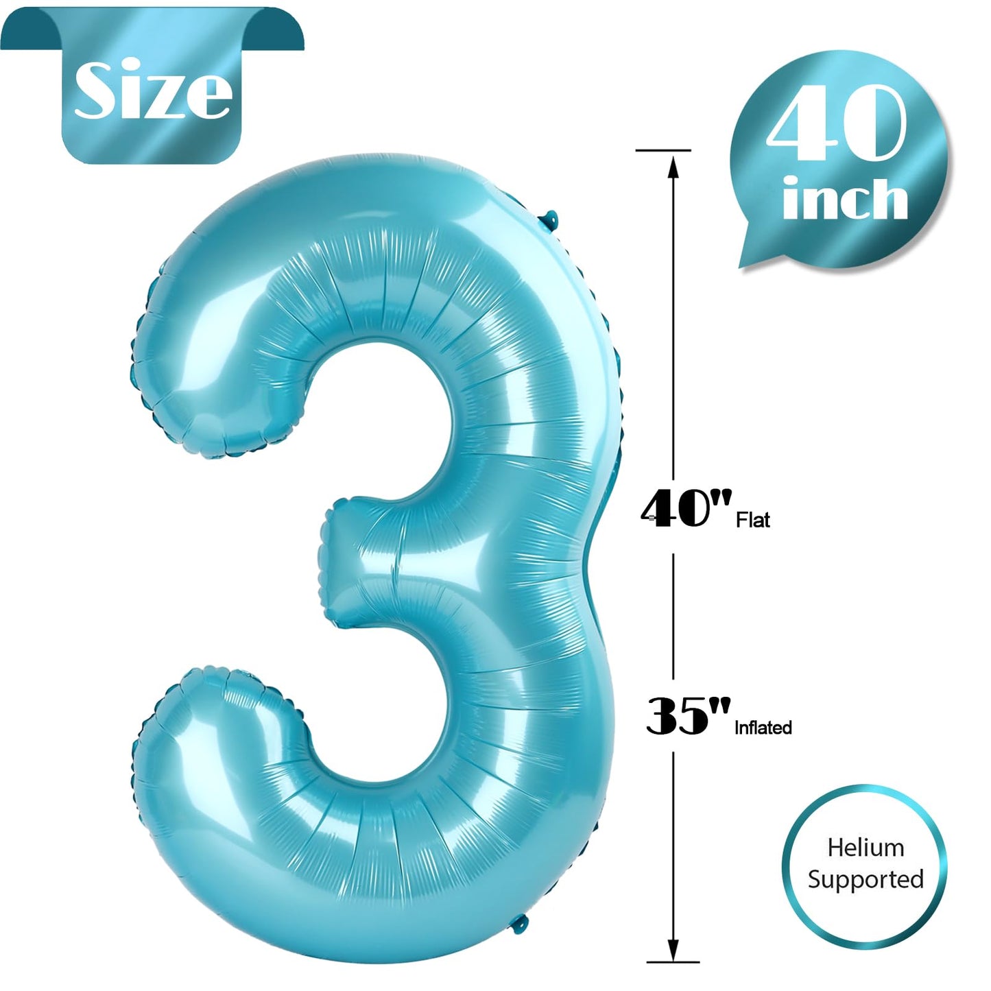 Pearlescent Blue 3 Balloon, Number Balloons 40 Inch, 3rd Birthday Decorations for Kids Girls Boys, Men Women Party Supplies for Party Decorations, Number 3 Balloon