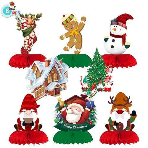 8 Pcs Christmas Honeycomb Centerpieces,Christmas Party Centerpieces, Christmas Table Decorations with Santa Claus,Christmas Tree,Snowman,Gingerbread,Stocking for Holiday Christmas Party Supplies