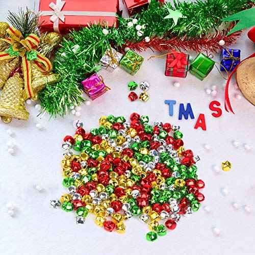 Augshy 200 Pieces Jingle Bells 3/5Inch Craft Bell Bulk for Christmas Home and Pet Decorations Xmas Decor Party Favors Supplies (Red Green Gold Silver)