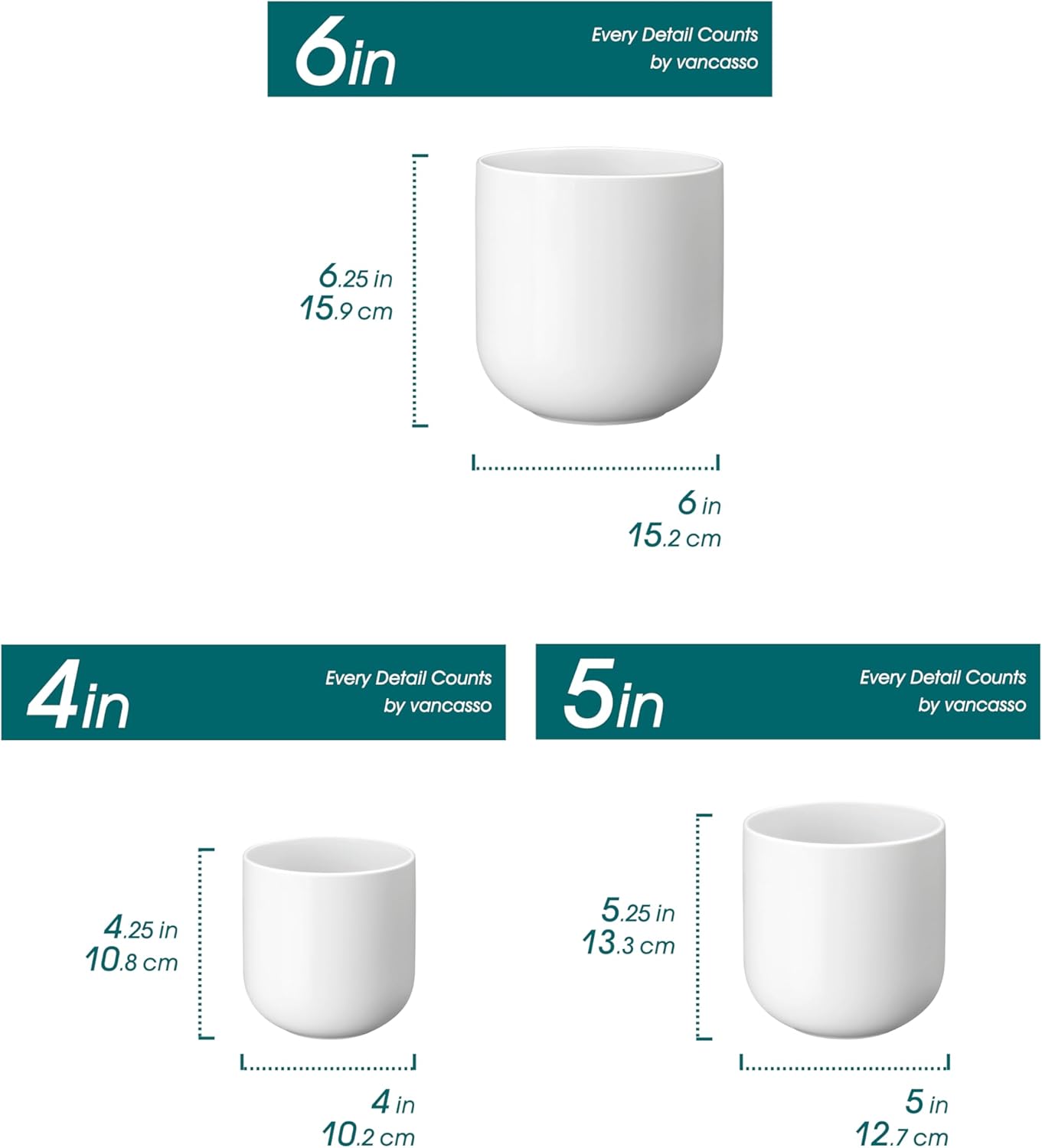 Vancasso Ceramic Plant Pots - Set of 3 (4", 5", 6") | Modern Indoor Planters with Drainage Holes - White