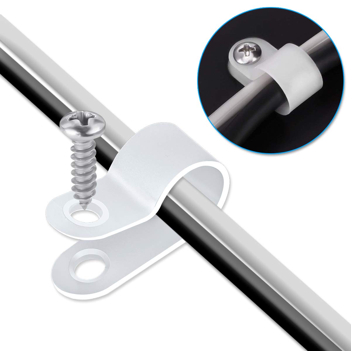 LOKMAN 50 Pack 1/2 Inch Rope Light P-Style Mounting Clips with Compatible Stainless Steel Pan Head Phillips Screws White