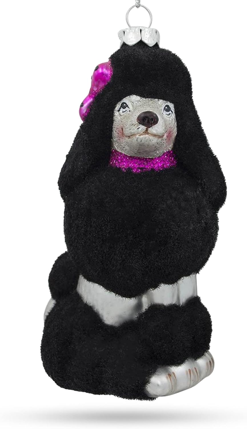 Faux Fur Black Poodle Christmas Ornament - Elegant Glass Holiday Decor