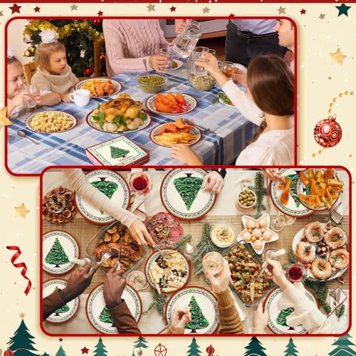 Retro Christmas Party Supplies Set for 50 Guests - Paper Plates, Napkins & Cups