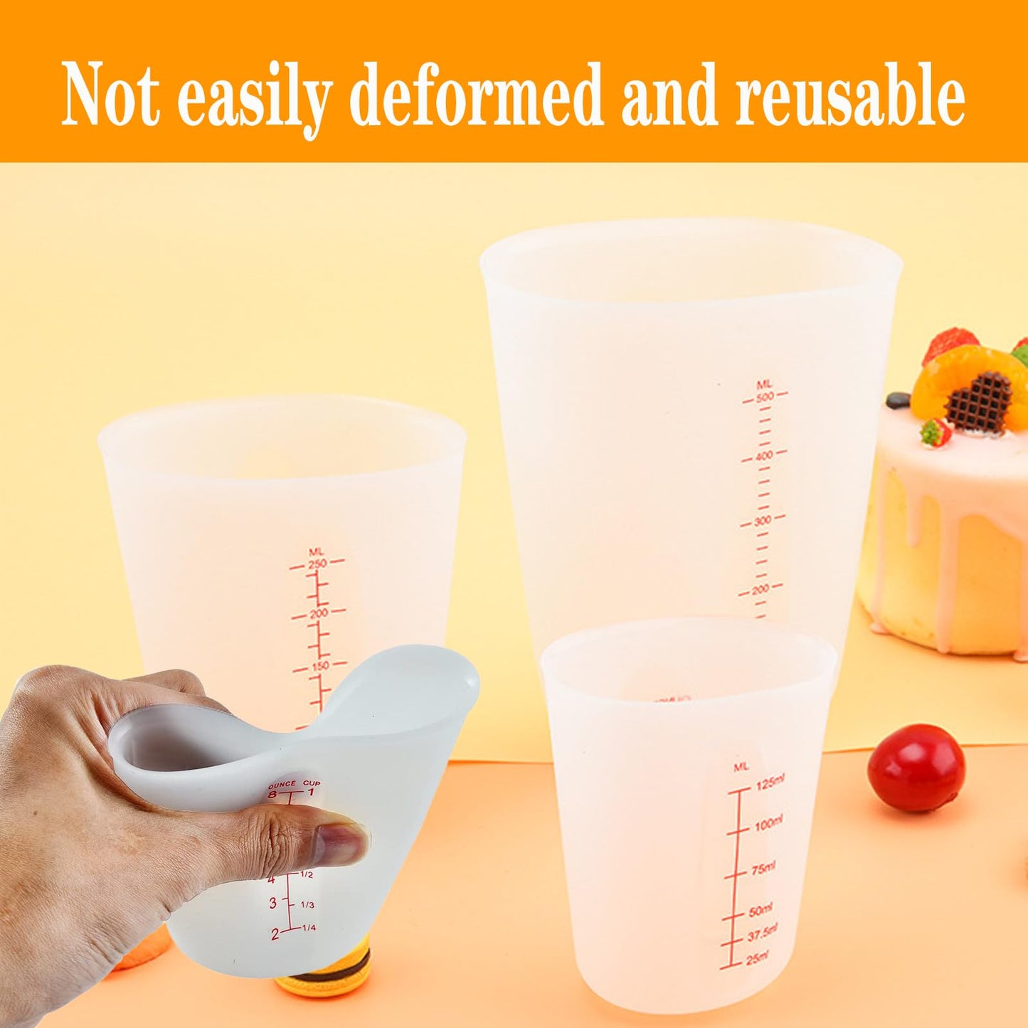 Set of 3 Silicone Flexible Measuring Cups with Marking, 2 Cup&1 Cup&1/2 Cup,Squeeze and Pour Silicone Measuring Cup with Marking For epoxy resin, butter, chocolate, etc.
