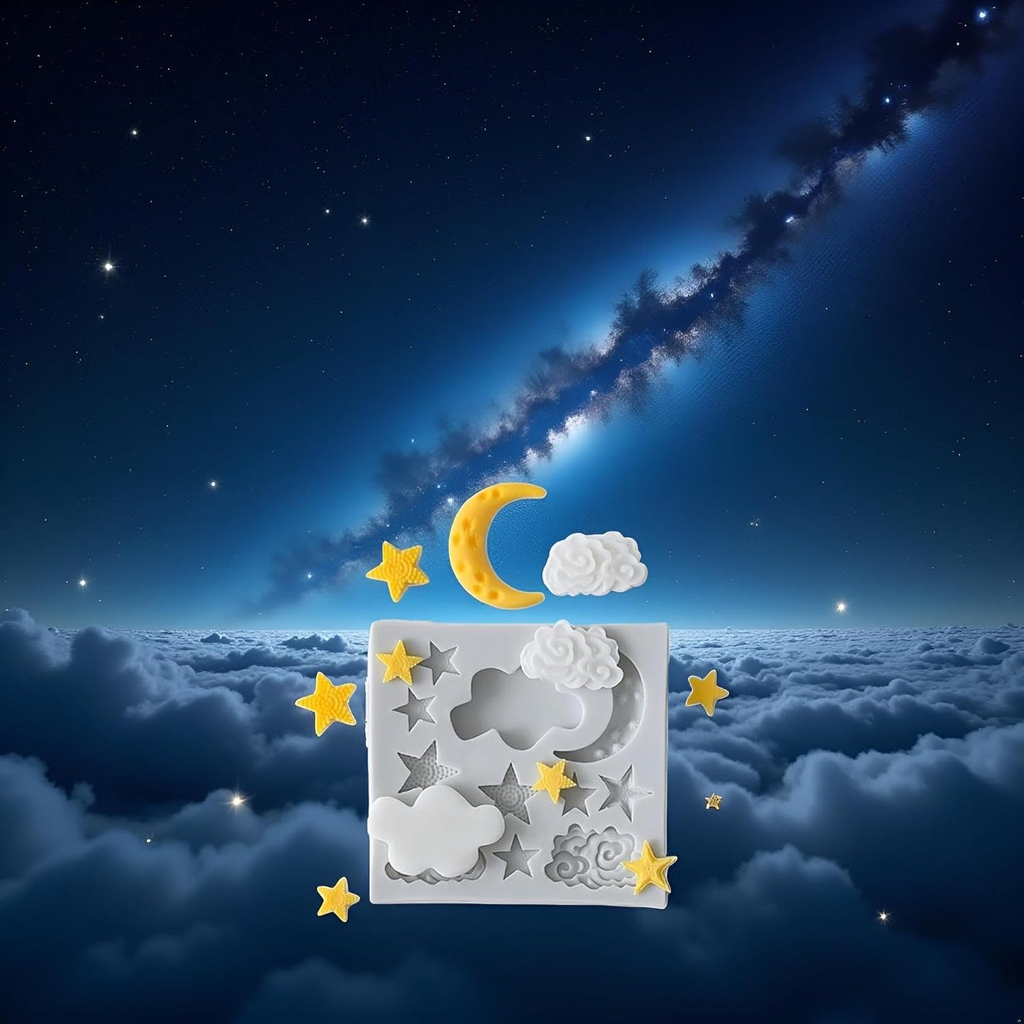 3Pcs White Star Moon Clouds Shaped Silicone Fondant Molds, Candy Chocolate Molds for DIY Cake Fondant Cookie Cloud Fondant Mold Moon For Candy Baking Sugar Cakes Decorating Candy Making Supplies