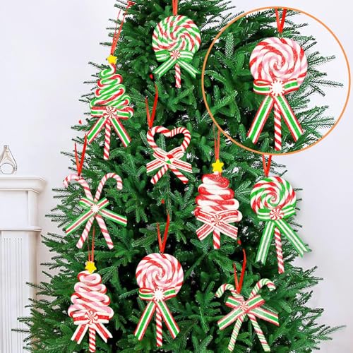 10Pcs Christmas Candy Cane Ornaments for Tree Decorations - Polymer Clay Glitter Lollipop Candy Cane for Holiday Party Home Decor