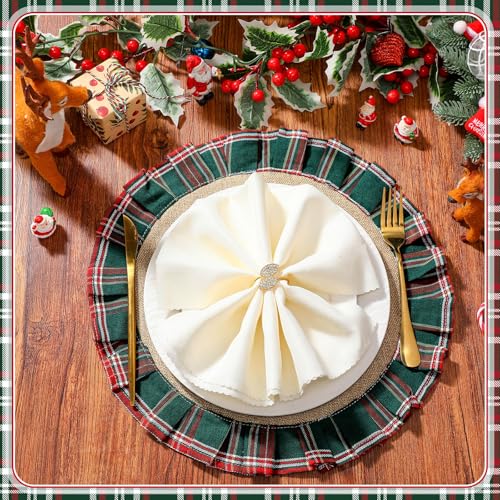 HunnmingRe 6-Pack Round Christmas Plaid Placemats – Red & Green, 15.75in