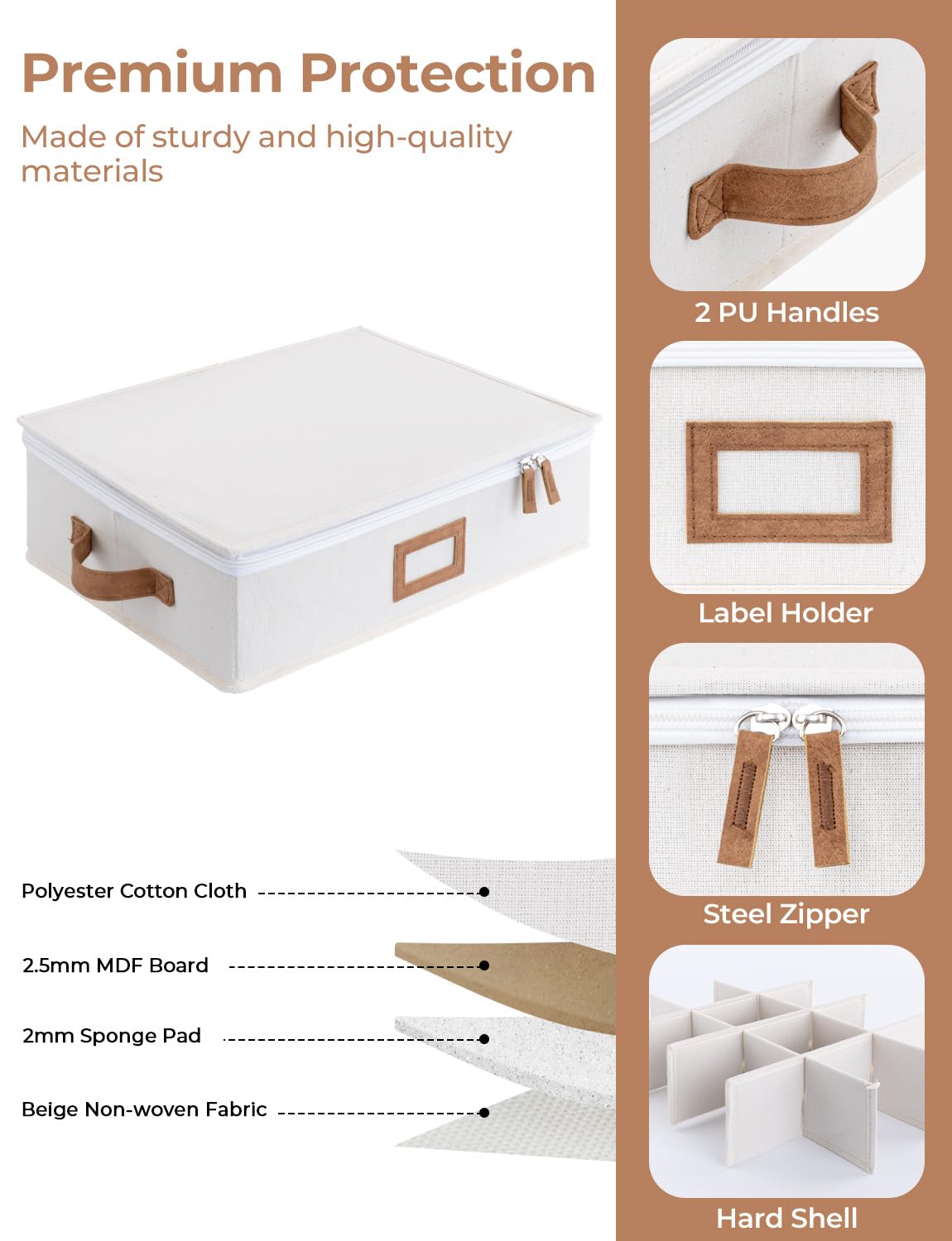 StorageWorks China Storage Container, Stackable Mug Storage Box with Dividers, Stemware Storage Cases, Hard Shell China Cup Organizer, Holds 12 Tea Cups and Coffee Mug, 1 Pack, Beige