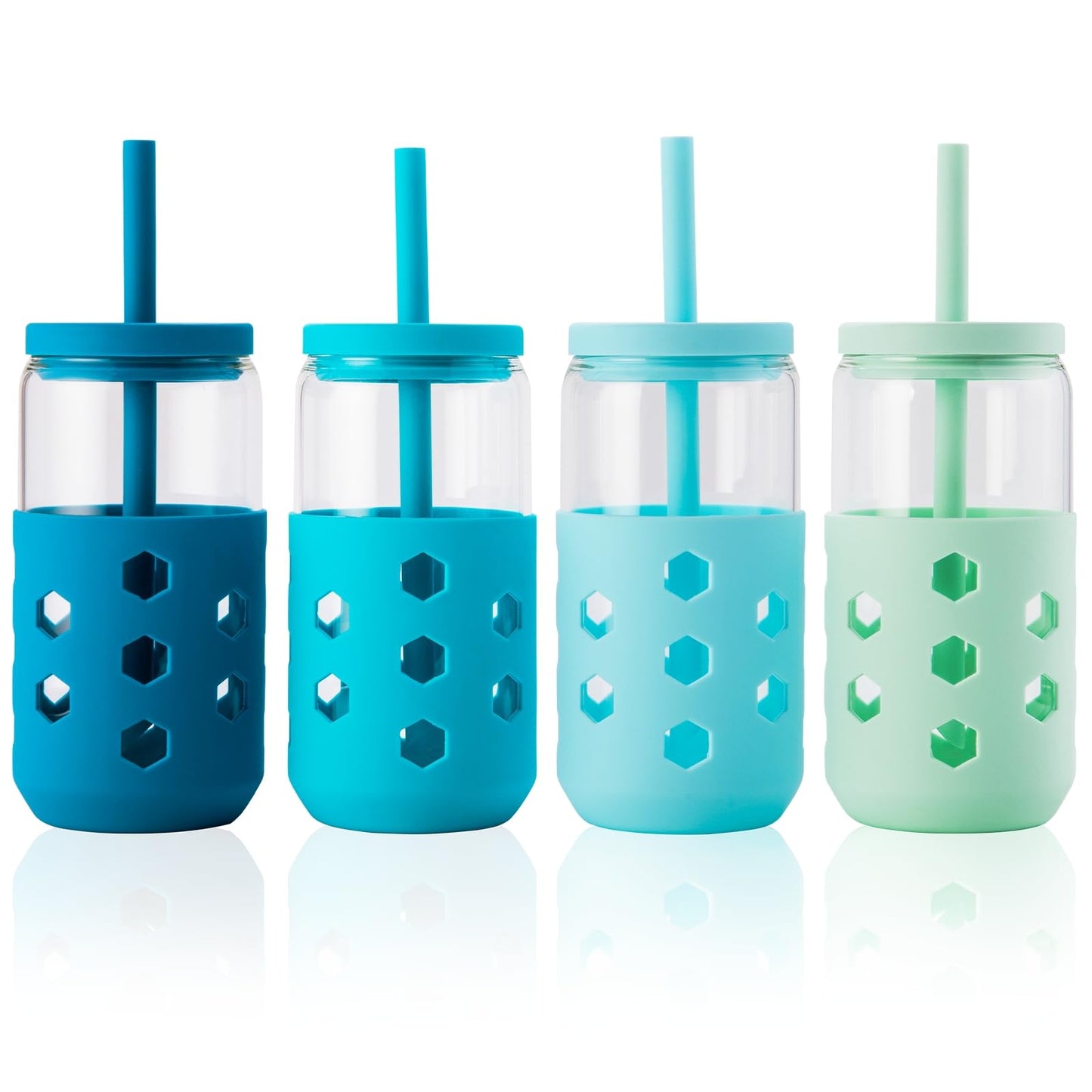 Mrsdry 16 oz Glass Cups With Lids and Straws, 4-Pack Iced Coffee Cup - Smoothie Cup With Silicone Lid and Sleeve for Coffee Bar Accessory, Cute Drinking Glasses Set Reusable Glass Tumbler for Gifts