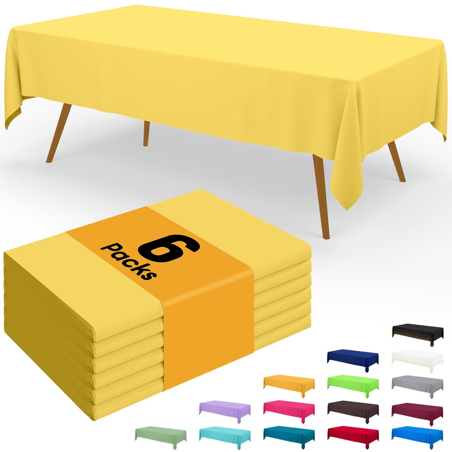 Smiry Disposable Table Cloth - 6 Pack, 54 x 108 Inch Waterproof Rectangle Tablecloths for Parties, Decorative Plastic Table Cover, Leakproof & Sturdy, Yellow