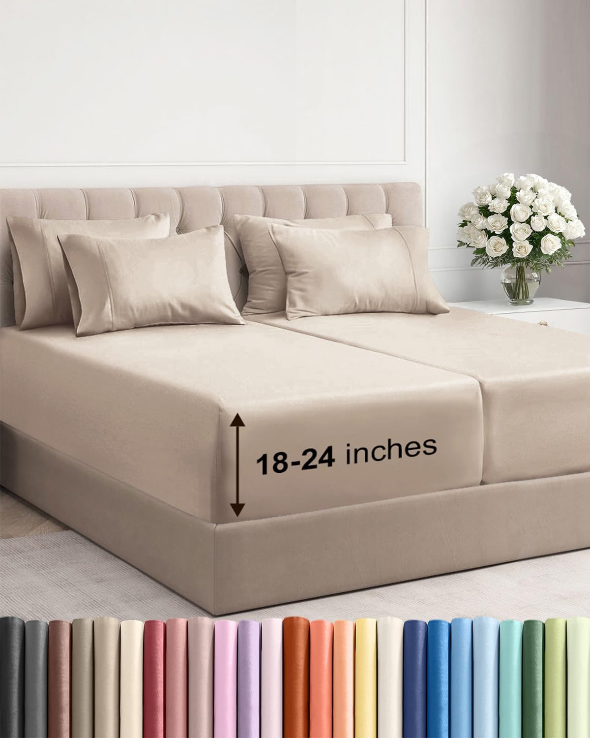 Skiennix Extra Deep Split King Sheet Set - 7 Piece Breathable Cooling Bedding - Soft, Wrinkle-Free Wheat Color