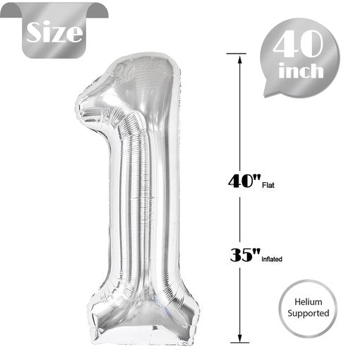 40 Inch Silver 1 Balloon for First Birthday, 1st Number Balloons Birthday Decorations for Girl Boy Kids Toddler Baby, One Giant Number 1 Balloon