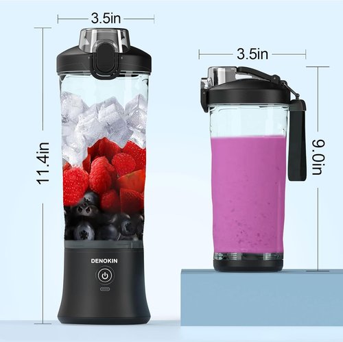 DENOKIN Portable Blender - Cordless 20oz Personal Size Blender for Smoothies & Shakes | Elegant Black with 6 Blades