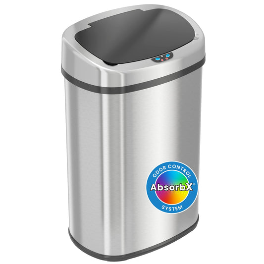 SensorCan 13 Gallon Touchless Sensor Odor Control System, Stainless Steel Oval Shape Automatic Garbage Bin, Base Model Trash Can