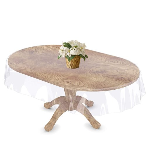FeelingWarm Clear Table Cover Protector - Oval Clear 60x 90 Inch Plastic Tablecloth Vinyl Transparent Kitchen Waterproof Dining Desk Protector