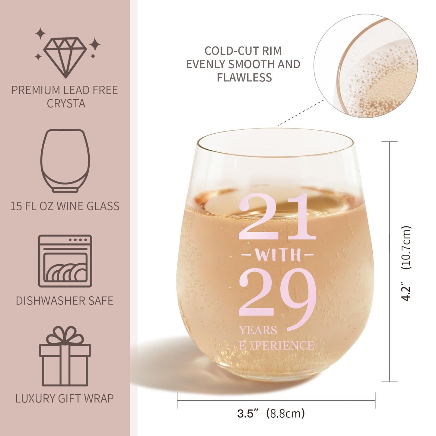 sanjiayishui 50th Birthday Gifts for Women - Wine Glasses, With Funny Quote “21 with 29 Years Experience”, 50th Birthday - 50th Birthday Decorations for Women, Happy 50th Birthday Gifts (Light pink