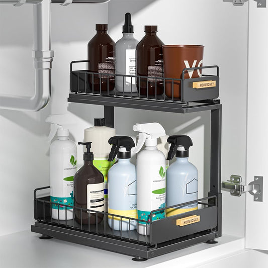 Skiennix Under Sink Organizer - 2 Tier Pull-Out Metal Shelf for Kitchen & Bathroom Storage | Black