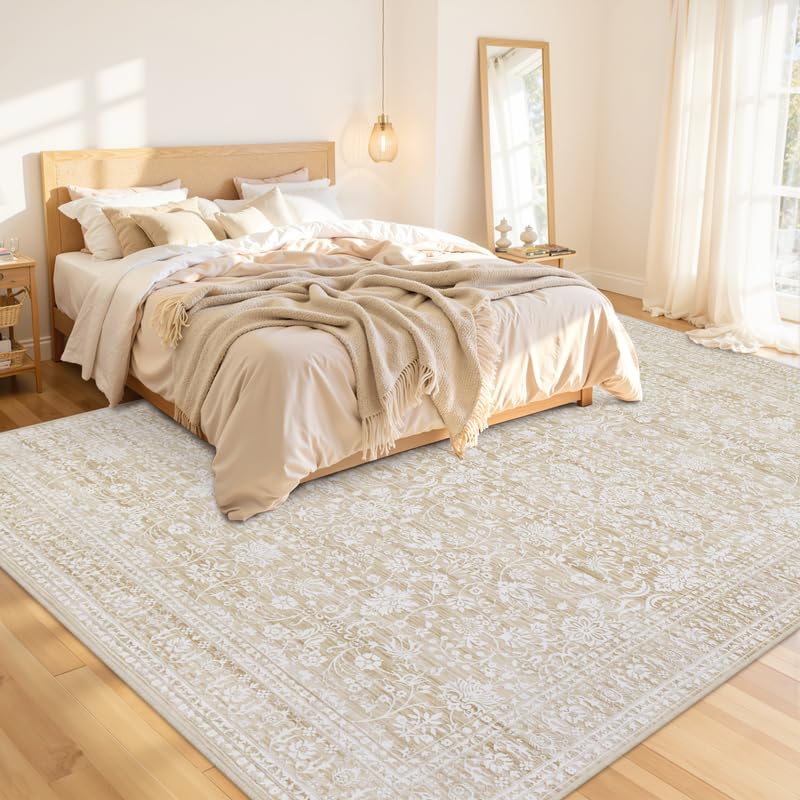 Luxturiy 8x10 Beige Washable Area Rug for Living Room & Bedroom, Soft Low Pile