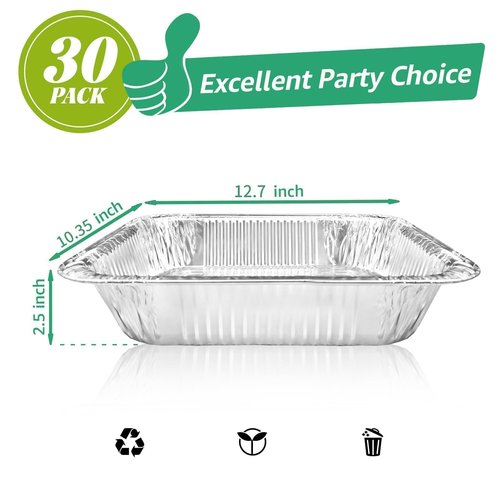 biocean Aluminum Pans 9x13 Inch 30 Pack, Extra Heavy Duty Foil Pans with Half Size Deep Steam Aluminum Tray Tin Foil Pans for Prepping Food, Storing Heating, Cooking, Baking, Roasting