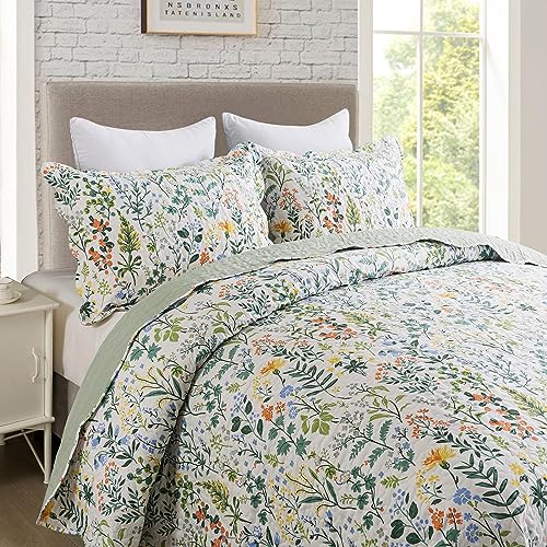 Qs-Exquisite Travan 3-Piece Floral Quilt Set Queen Size | Lightweight & Soft Microfiber Bedspread with Shams, Garden Style Bedding for All Seasons