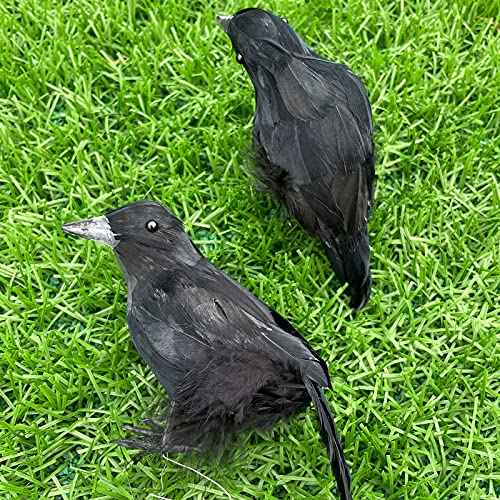 CBLUO Halloween Realistic Crows Black Feathered Standing Crows Christmas Fake Birds Ravens for Outdoor Indoor Party Props Supplies Cute Artificial Handmade Life Like Lifesize Model Crow 4 Pcs