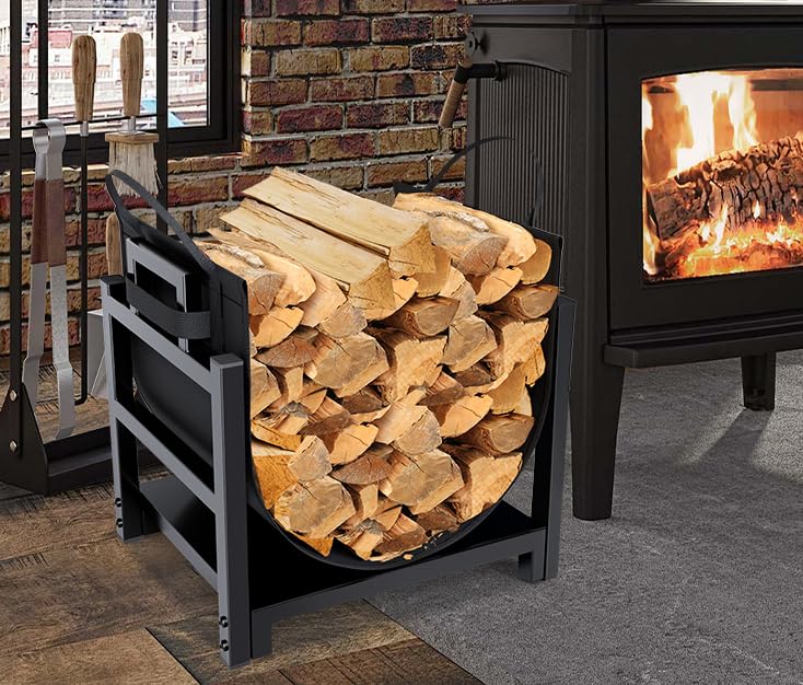 Firewood Rack Log Holder Indoor with Wood Carrier - Powder-Coated Steel, 110lb Capacity, 18x13x17 Inches