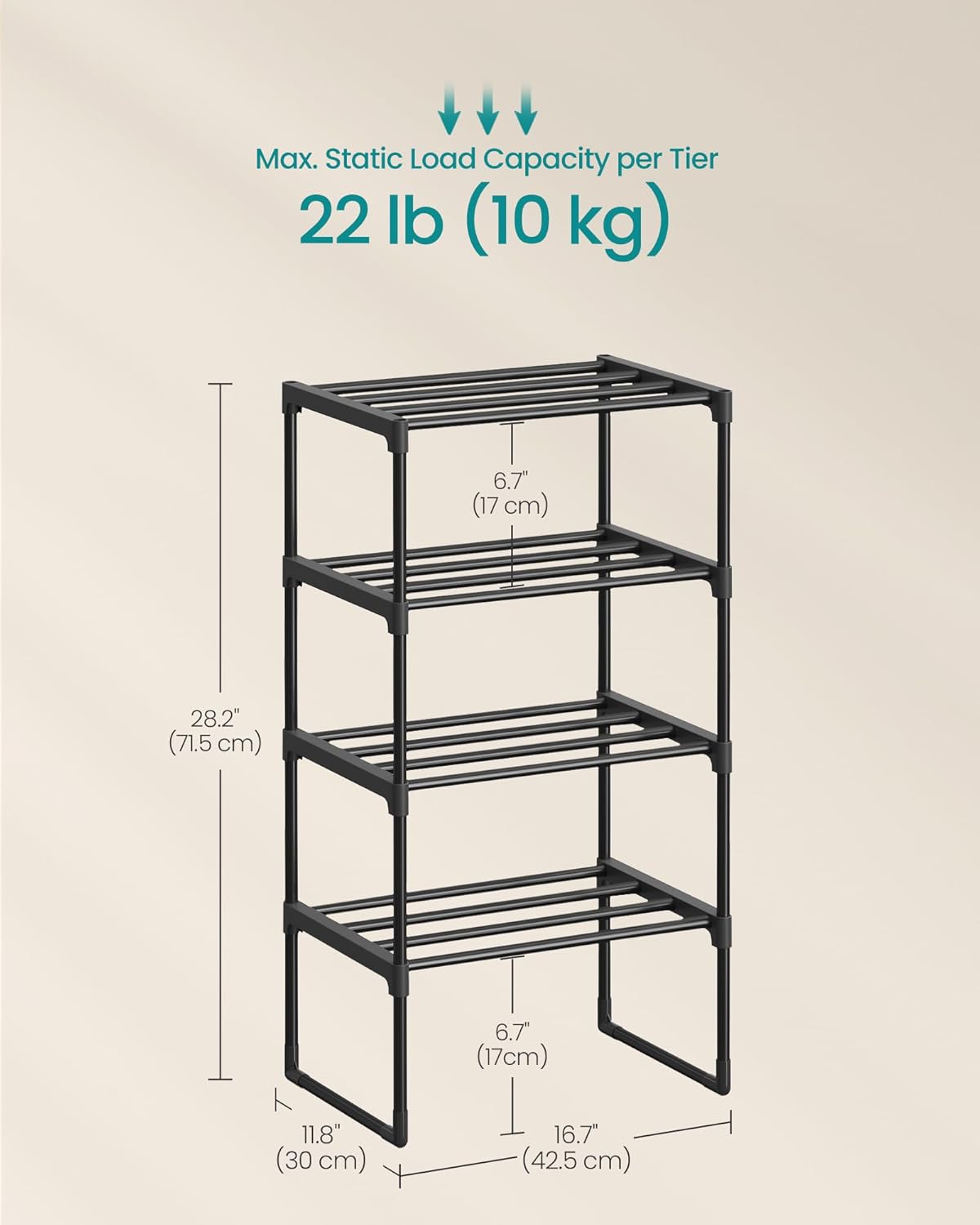 SONGMICS 4-Tier Shoe Rack - Stackable Metal Organizer for 5-10 Pairs | Black, 11.8 x 16.7 x 28.2 Inches