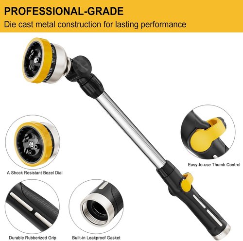 FANHAO 16-Inch Heavy Duty Watering Wand - 9 Spray Patterns & 180° Rotating Nozzle for Easy Plant Care | Yellow