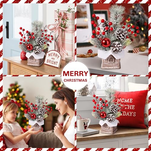 KPX Cabin-Snow Mini Christmas Tree with Ornaments - Tabletop Artificial Holiday Decor