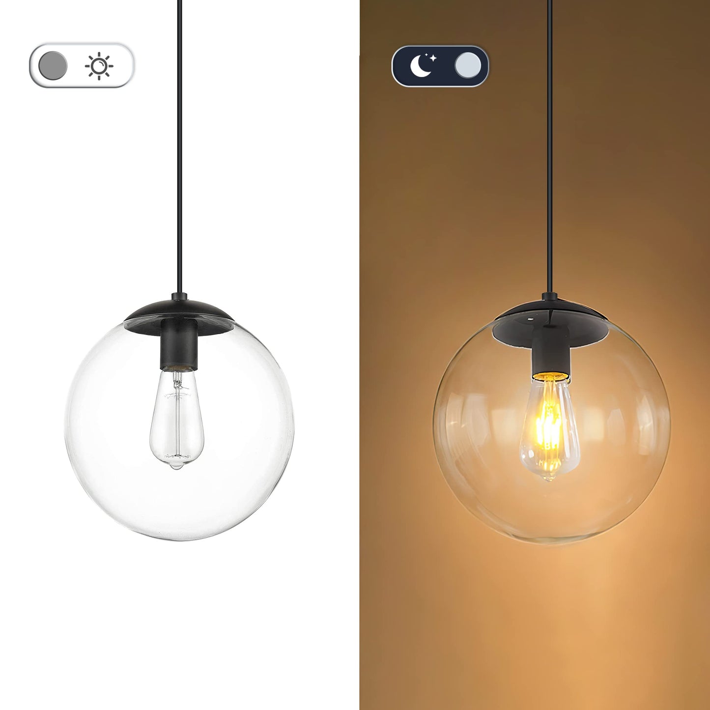 KoKo&Yukina 8 inch Globe Pendant Lighting for Kitchen Island Mid Century Modern Hanging Light Fixture with Clear Globe Glass Black Industrial Hanging Ceiling Lights for Bathroom Entryway (Bulb Incl.)