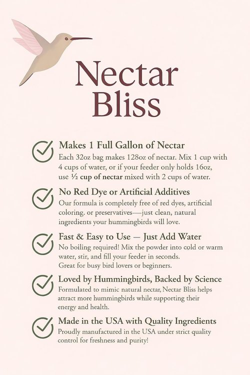Hummingbird Nectar Powder - All-Natural, Dye-Free Instant Mix | Makes 1 Gallon | Pure Cane Sugar Feeder Refill | Made in USA
