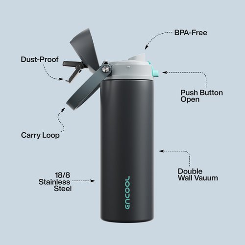 Insulated Water Bottle with Straw - Encool Stainless Steel Water Bottle with Push Button Lid, Leak-Proof & BPA-Free, Keeps Cold for 24 Hours for Sports, Travel, Gym (24 oz, Tuna Grey-Green)