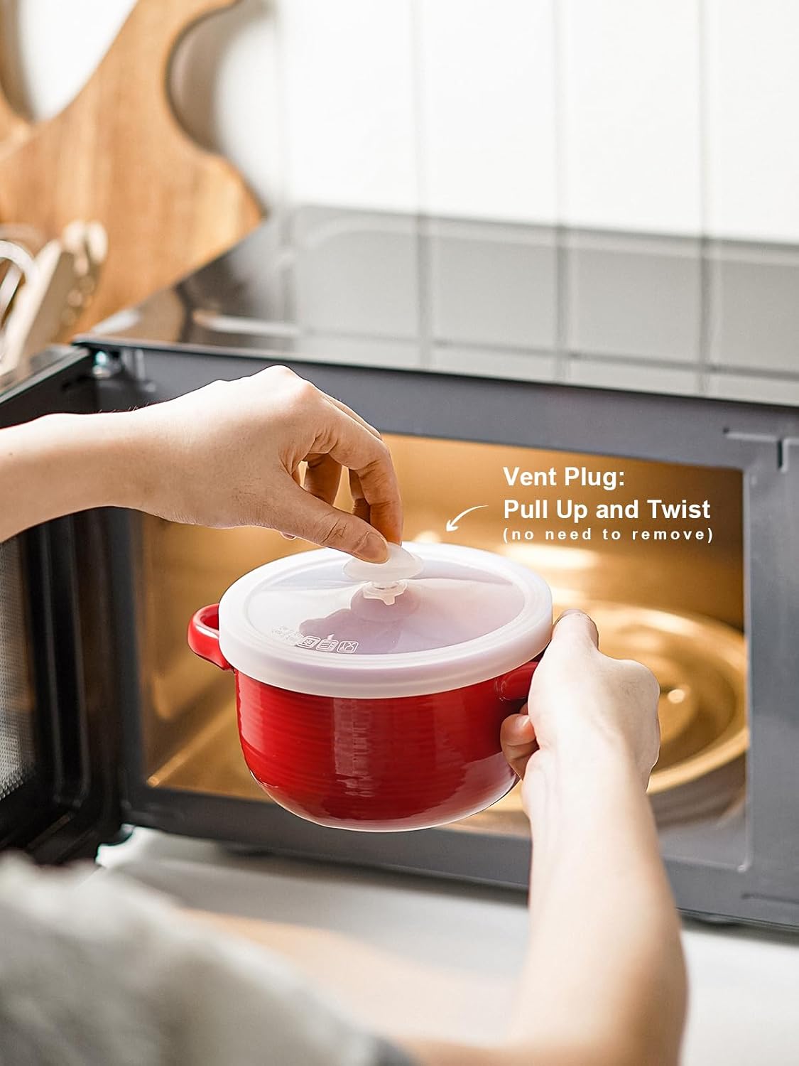 LE TAUCI Soup Bowls - 28 oz Ceramic Ramen Bowls with Handles & Silicone Lids | Set of 2, Red, Microwavable & Oven Safe