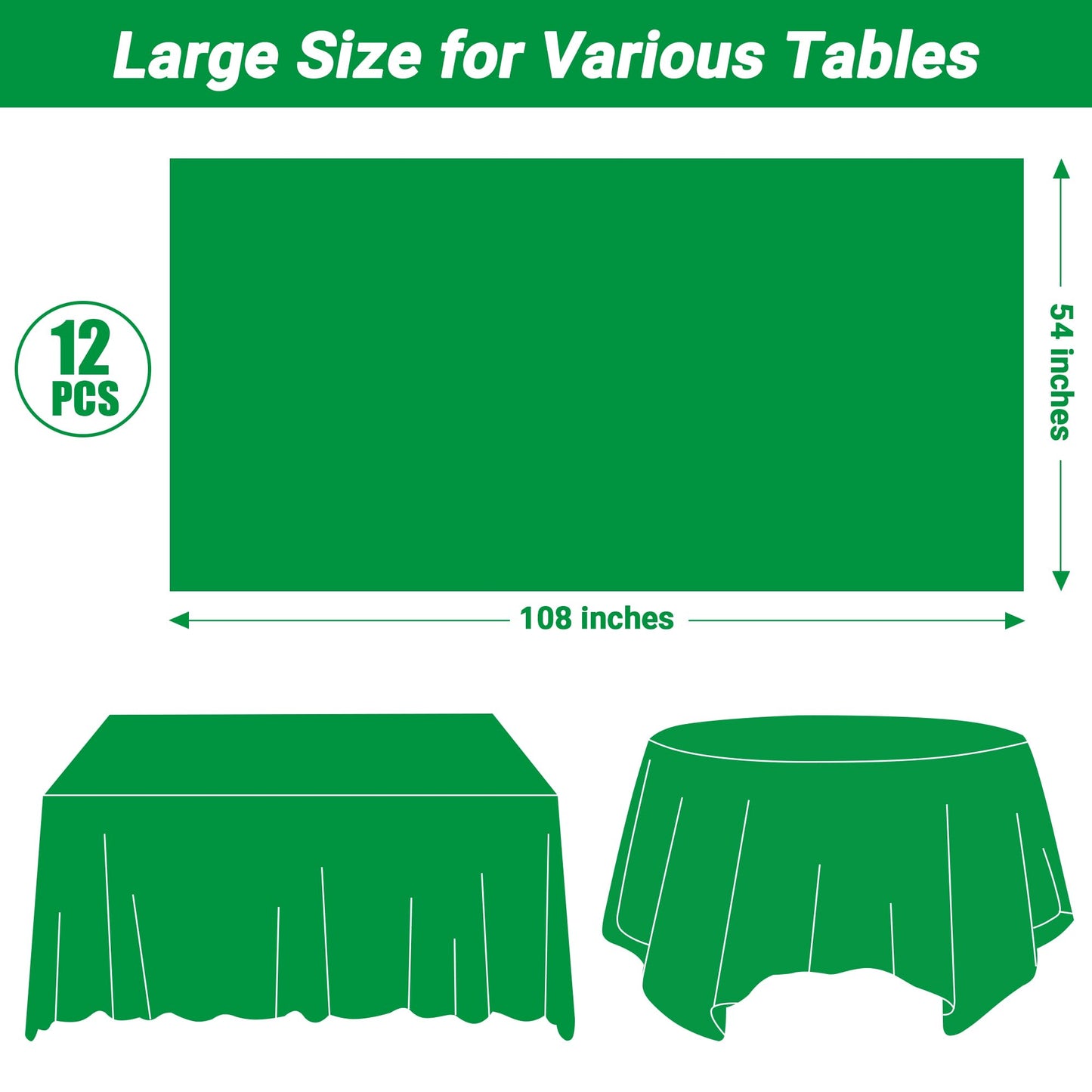 QZYL 12 PCS Disposable Plastic Table Cover, 54 X 108 in Large Table Cloth Rectangle, Green Plastic Tablecloth, Decorative Smooth Tablecloth for Parties Weddings Picnics Outdoor Events
