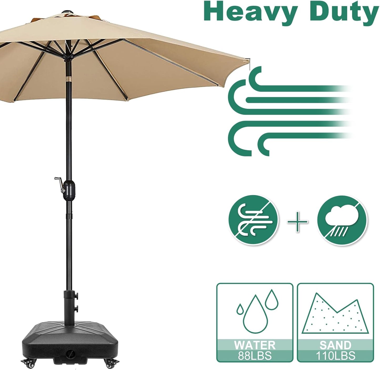 Skiennix Heavy-Duty Patio Umbrella Base with Wheels - Square Market Stand, 125lb Capacity, Black