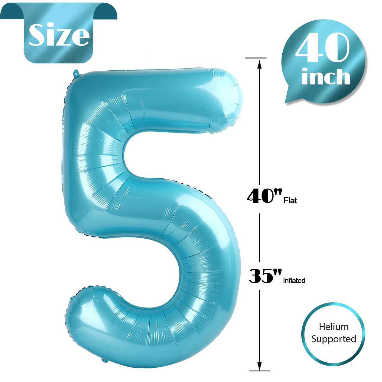 Pearlescent Blue 5 Balloon, Number Balloons 40 Inch, 5th Birthday Balloon Decorations, Pearlescent Blue Party Supplies, 5 Number Balloons, Number 5 Balloon