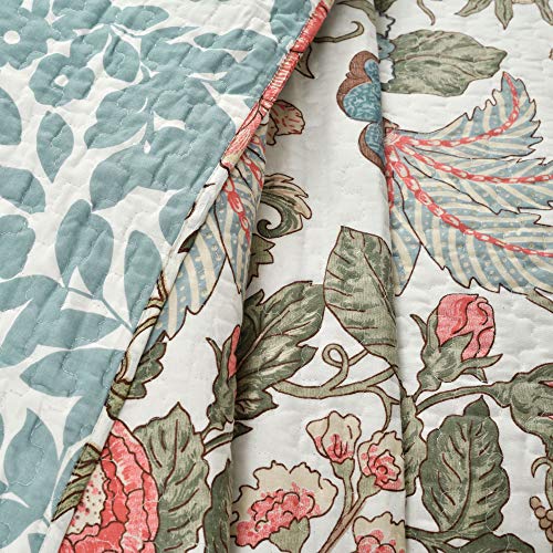 Leaf Print Reversible Cotton Quilt Set King - Blue & Green Floral Bedding