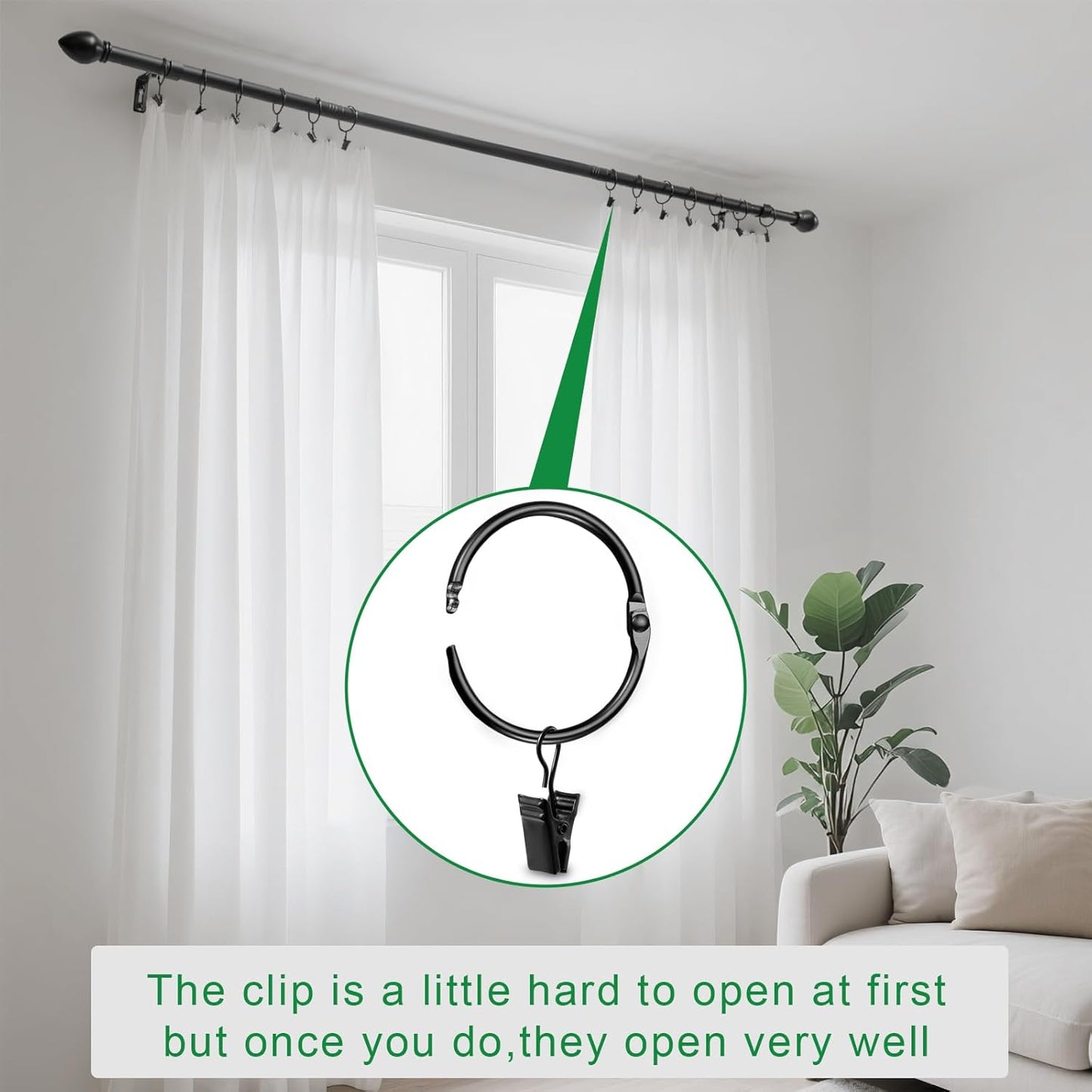LLPJS Openable Curtain Rings - Durable Clips for Easy Drapery | 1.26" Interior Diameter, Black, Set of 36