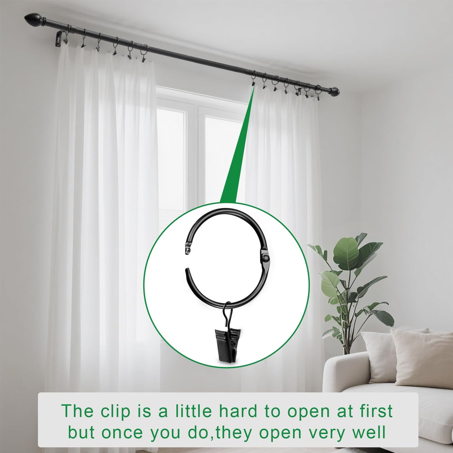LLPJS Openable Curtain Rings with Clips, Open Drapery Rings with Hooks, Curtain Clips 1.26 inch Interior Diameter, Fit up to 1" Curtain Rod (Black, 1.26" I D Set of 36)