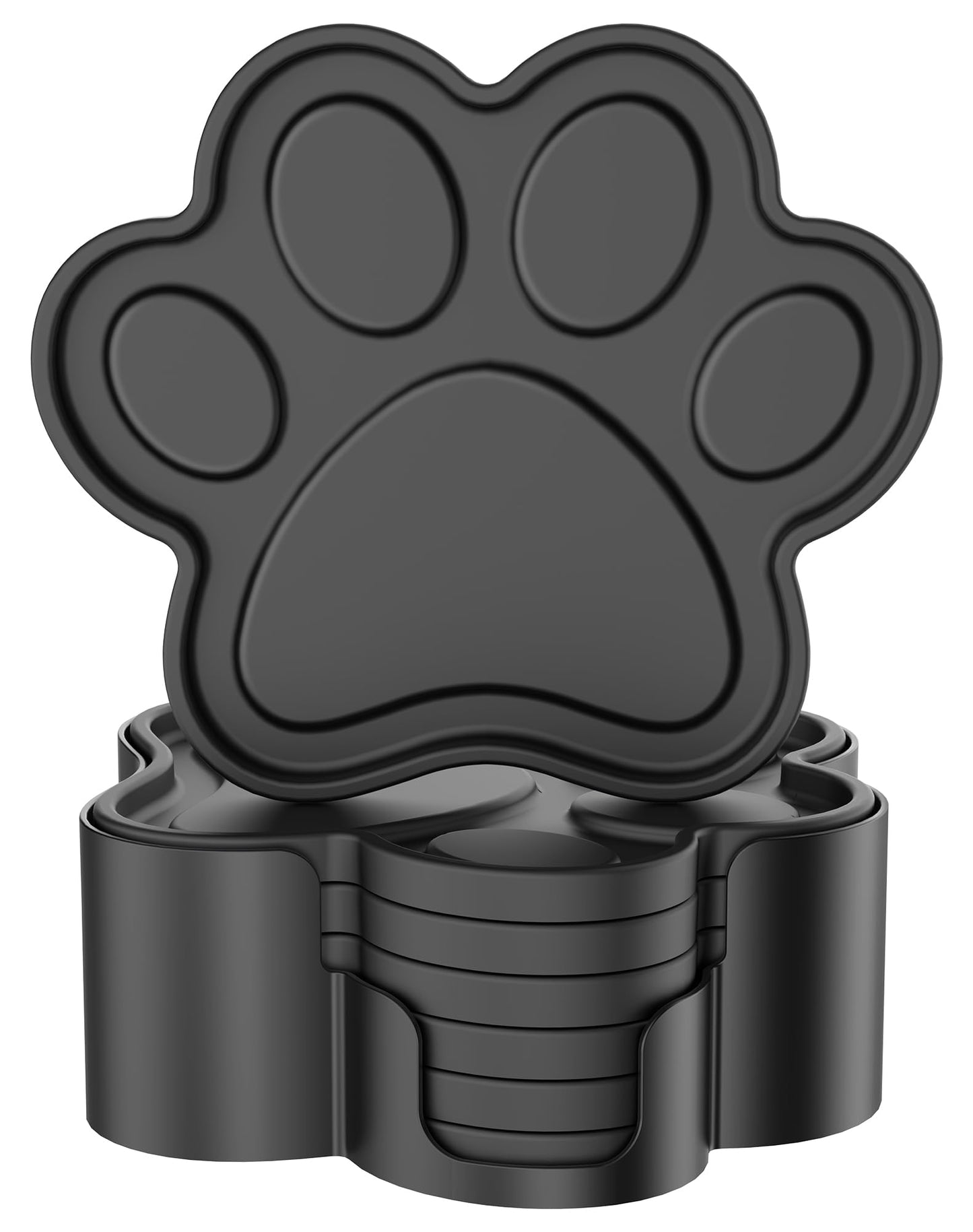 ME.FAN Silicone Coasters 6 Pack Paw Cup Mat with Holder, Dog Cat Paw Shape, for Hot or Cold Drink, Non-Slip, Non-Stick, Room Decor, Housewarming Black