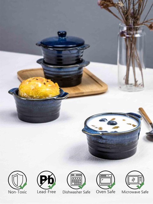 Henten Home Ceramic Ramekins - 8 oz Mini Cocotte Set of 4 with Lid & Handle | Deep Blue Casserole Dishes