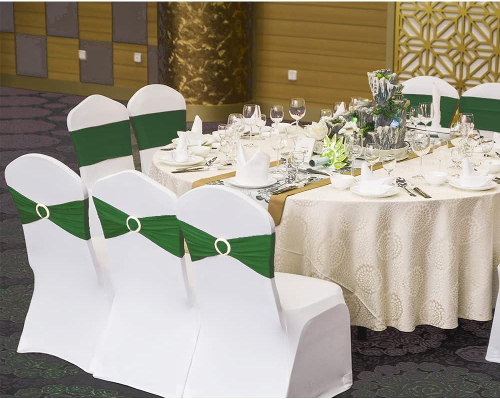 Skiennix 50 Pack Dark Green Spandex Chair Sashes - Adjustable Slider Buckles for Weddings & Events