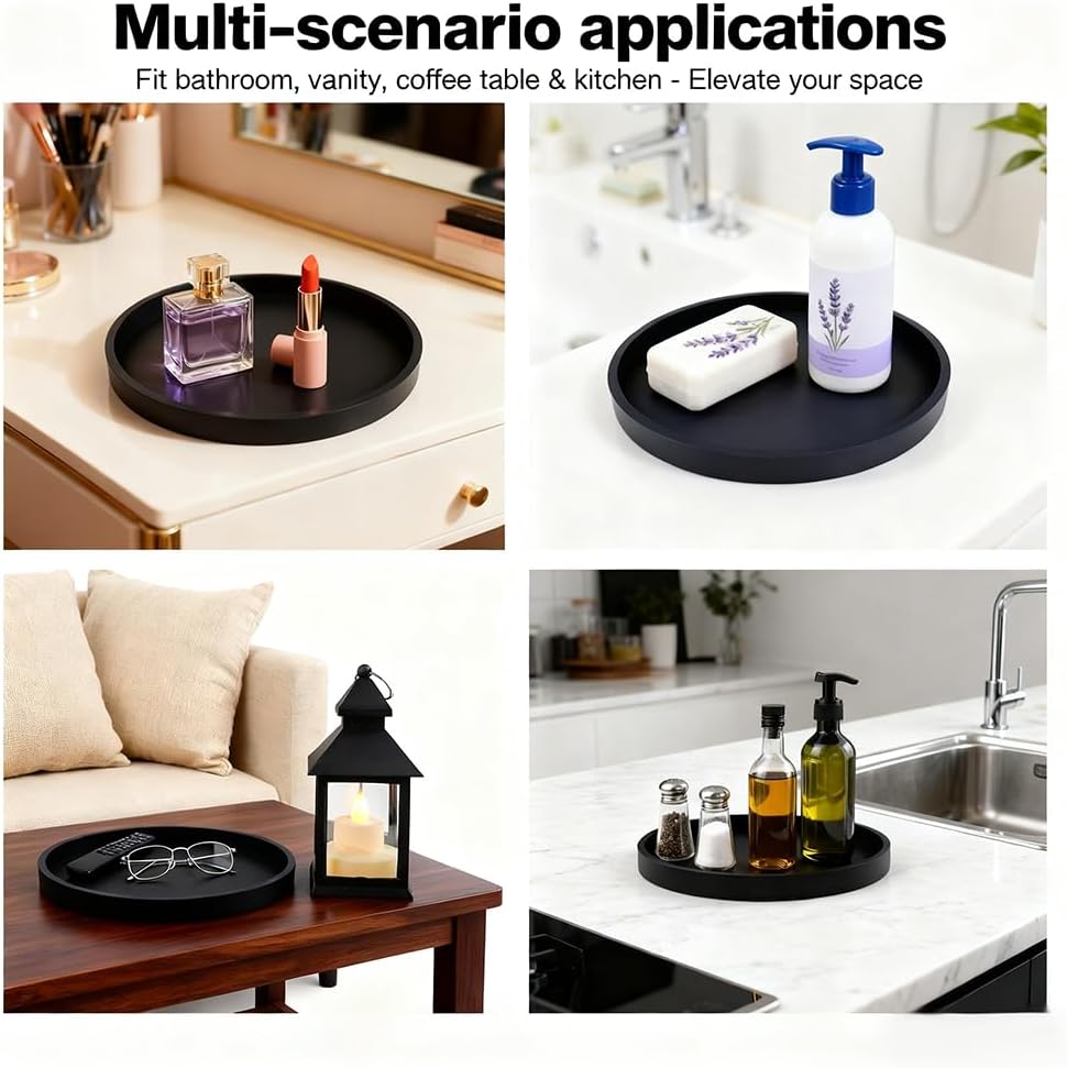 Skiennix Silicone Bathroom Tray - 9-Inch Round Vanity Tray for Candles, Perfumes, Soap Dispensers | Black