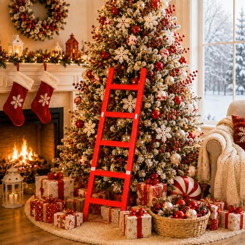 47-Inch Red Wooden Christmas Ladder Decor for Holiday Tree Displays